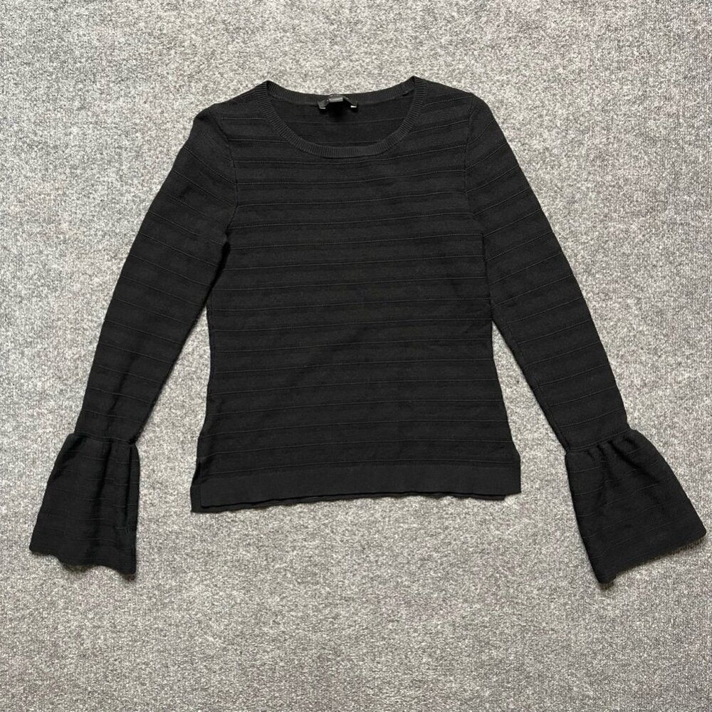 Ann Taylor Womens Pullover Sweater Black Ribbed Long Bell Sleeve Scoop Neck S